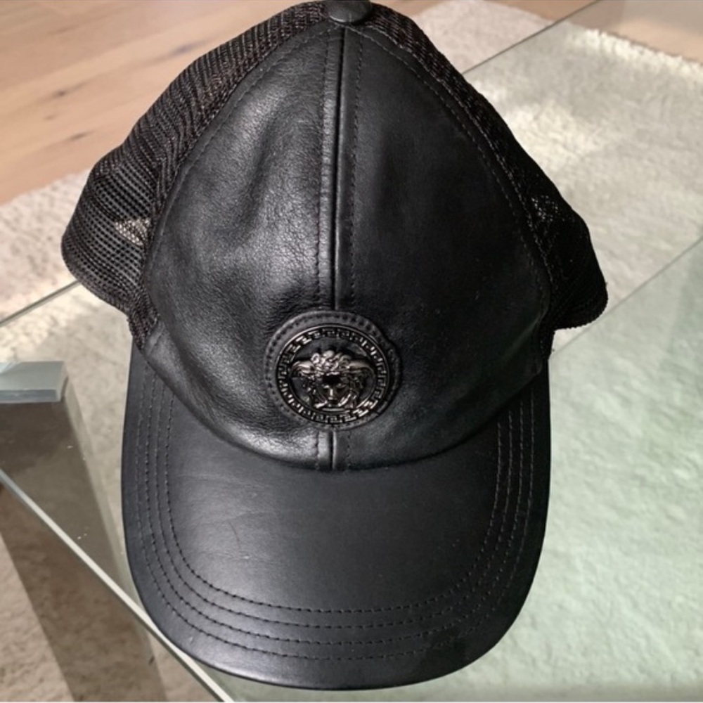 Authentic Versace Black Mesh Leather Hat Good Condition